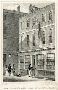 The Grecian Coffee House, Devereux Court, Strand, med en byst av Ben Johnson (gravyr) av English School