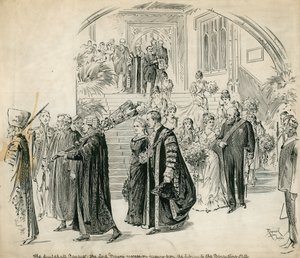 The Guildhall, London, Bankett: Lord Mayors procession som passerar från biblioteket till bankettsalen av English School