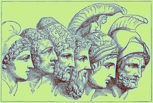 The Heroes of the Trojan War: Paris, Diomedes, Odysseus, Nestor, Achilles, Agamemnon, illustration från The Illustrated History of the World, publicerad ca 1880 (digitalt förbättrad bild) av English School