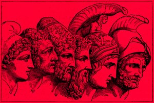 The Heroes of the Trojan War: Paris, Diomedes, Odysseus, Nestor, Achilles, Agamemnon, illustration från The Illustrated History of the World, publicerad ca 1880 (digitalt förbättrad bild) av English School