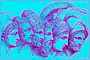 The Heroes of the Trojan War: Paris, Diomedes, Odysseus, Nestor, Achilles, Agamemnon, illustration från The Illustrated History of the World, publicerad ca 1880 (digitalt förbättrad bild) av English School