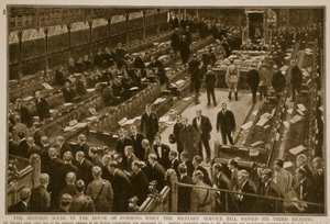 Den historiska scenen i underhuset när Military Service Bill antog sin tredje behandling, 1914-19 av English School