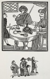 Historien om Sir Richard Whittington, tre gånger Lord Mayor of London, illustration från Chap-books of the artonde århundradet av John Ashton, pub. 1882 av English School