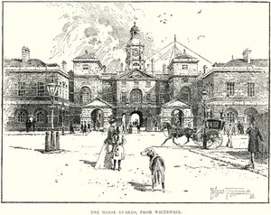 Horse Guards, från Whitehall (gravyr) av English School