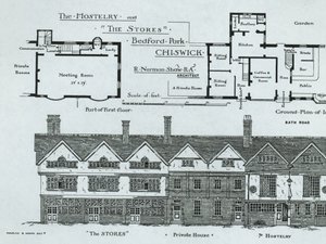 The Hostelry and The Stores, Bedford Park, Chiswick, från The Building News, 1877 av English School