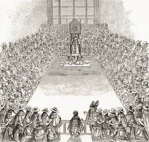 The House of Commons in the time of James I, från "London Pictures: Drawn with Pen and Pencil", av pastor Richard Lovett, publicerad 1890 av English School