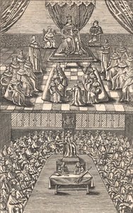 The House of Lords och House of Commons under kung Charles I, ca 1640 (träsnitt i färg) av English School