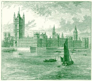 The Houses of Parliament och Westminster Abbey, illustration från The World as it Is av George Chisolm, publicerad 1885 (digitalt förbättrad bild) av English School