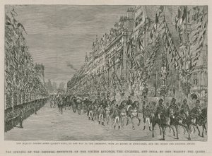 The Imperial Institute: Hennes Majestät passerar nerför Queens Gate på väg till öppningsceremonin, med en eskort av livräddare och de indiska och koloniala trupperna av English School