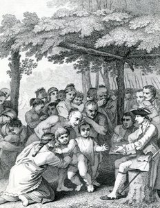 Indianerna överlämnar de engelska fångarna till överste Bouquet nära hans läger vid Forks of Muskingham i North Anerica, graverad av Canot, 1764 av English School