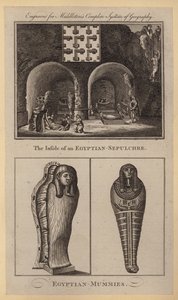 Insidan av en egyptisk-grav, egyptisk-mumier (gravyr) av English School