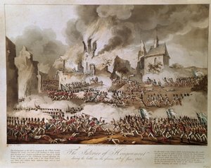 Hougoumonts inre under slaget den 18 juni 1815, graverad av T. Sutherland, publicerad 1816 (akvatint) av English School