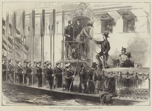 Kungen av Grekland mottogs av prinsen av Wales ombord på HMS Serapis (gravyr) av English School