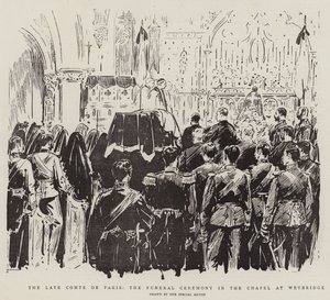 Late Comte de Paris, begravningsceremonin i kapellet i Weybridge (litho) av English School
