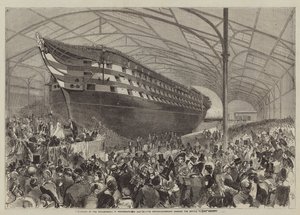 Lanseringen av Marlborough i Portsmouth den 31 juli, mästerskapsförfattaren överlämnade flaskan till Hennes Majestät (gravyr) av English School