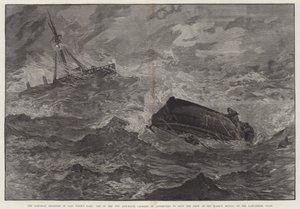 Livbåtskatastroferna i förra veckans storm, en av de två livbåtarna kapsejsade i ett försök att rädda besättningen på Barque Mexico, på Lancashire Coast (gravyr) av English School