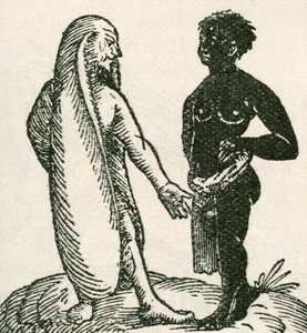 Den långörade mannen skäller ut sin tjänare. Långörade män sades bo i Afrika. De sades sova liggande på ena örat med det andra täckande dem som en filt. Från The Strand Magazine publicerad 1897. av English School