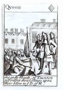 The Maids of Taunton knästående inför hertigen av Monmouth, 18 juni 1685, Queen of Diamonds spelkort från en uppsättning till minne av Monmouths Rebellion av English School