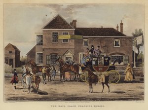 The Mail Coach Changing Horses (färgad gravyr) av English School
