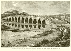 Marmorbron med sjutton bågar som leder till ön i sjön Onane-Cheon-Chane, Kina (gravyr) av English School