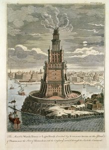 Vakttornet eller fyren i marmor som Ptolemaios Soter uppförde på ön Pharos, nära Alexandrias hamn (färgtryck) av English School