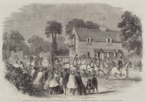Prinsessan Alices äktenskap med prins Louis av Hessen Darmstadt, deras kungliga högheters avgång från Osborne till St Clare, överste Harcourts säte (gravyr) av English School