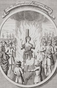 Margeret Polleys martyrdöd i Tunbridge, ur "The Burning of the Martyrs", publicerad 1741 (litografi) av English School