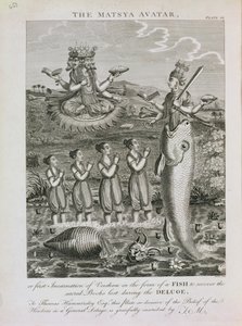 Matsya-avataren, eller den första inkarnationen av Vishnu i form av en fisk för att återvinna de heliga böckerna som gick förlorade under syndafloden, graverad av Barlow av English School