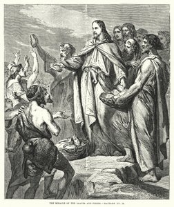 Brödernas och fiskarnas mirakel, Matteus XV, 36 (gravyr) av English School