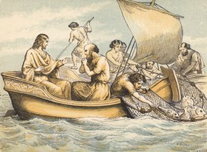 The Miraculous Draft of Fishes (färgad gravyr) av English School
