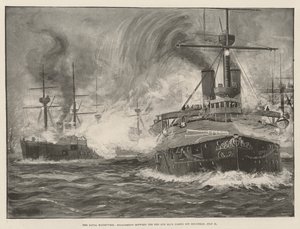 Sjömanövrarna, förlovning mellan den röda och blå flottan utanför Holyhead, 31 juli (litho) av English School