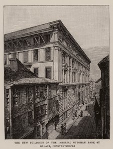 De nya byggnaderna av Imperial Ottoman Bank i Galata, Konstantinopel (gravyr) av English School