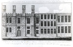 The North Front of Manor House at Chelsea byggd av kung Henry VIII, graverad av J. Barlow, en illustration i A Historical and Topographical Account of Chelsea and its Environs av Thomas Faulkner, av English School