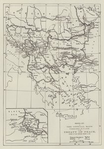 De officiella kartorna över fredsfördraget, undertecknade i San Stefano, 3 mars 1878 (gravyr) av English School