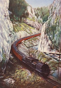The Olympian, tåg på Chicago, Milwaukee, St Paul och Pacific Railroad, USA (färg litho) av English School