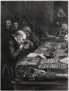 Parlamentets öppnande den 31 januari 1893 avlade Mr William Ewart Gladstone, med stöd av Mr Marjoribanks och Mr H Gladstone, eden. Illustration för The Graphic av English School