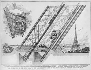 Otis-hissen i Eiffeltornet, byggd av American Elevator Company, Paris och London, 1889 (gravyr av English School