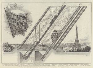 Otis-hissen i Eiffeltornet på Paris-utställningen, byggd av American Elevator Company, London och Paris (gravyr) av English School