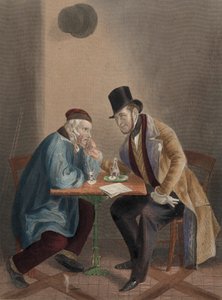 Riksdagskandidaten tar en drink med en medlem av väljarna (färgad gravyr) av English School