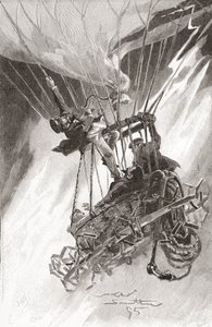 Farorna med luftballongflygning. En ballong i svårigheter och på väg att krascha. Från The Strand Magazine, publicerad 1896 (litho) av English School