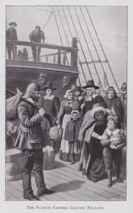 Pilgrimsfäderna lämnar England (litho) av English School