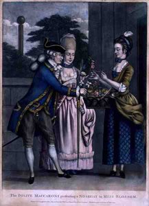 Den artiga macaronen som presenterar en nosegay till Miss Blossom, pub. av Carington Bowles (fl.1744-93) av English School