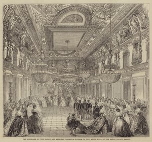 Polonaisen av prinsen och prinsessan Frederick-William i Vita salen i Kungliga slottet, Berlin (gravyr) av English School