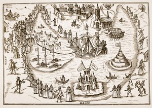 The Pond at Elvetham under Queen Elizabeths besök, från The Honorable Entertainment som gavs till Queens Majesty i Prgresse i Elvetham i Hampshire av the Right Honble the Earl of Hertford, 1591 ( av English School