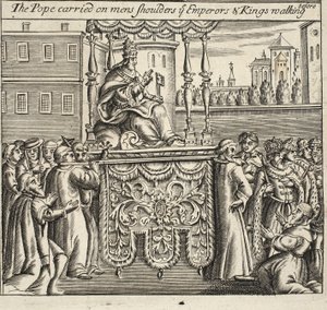 Påven bar på mans axlar, ni kejsare och kungar som går före, illustration från Acts and Monuments av John Foxe, nionde upplagan, pub. 1684 av English School