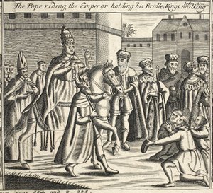 Påven rider, kejsaren håller sitt träns, kungar som går framför honom, illustration från Acts and Monuments av John Foxe, nionde upplagan, pub. 1684 av English School