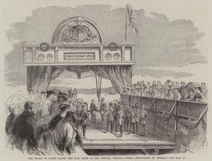 Prinsen av Wales lägger den sista stenen på Victoria Bridge (gravyr) av English School