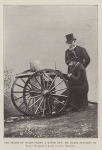 Prinsen av Wales avfyrar en Maxim Gun, Mr Maxim står vid sidan (gravyr) av English School