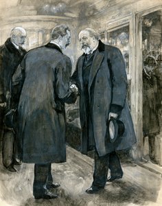 Prinsen av Wales hälsar den tyska kejsaren, Charing Cross Station, 20 januari 1901 (wc på papper) av English School
