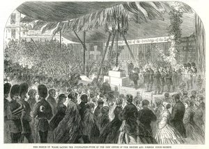 Prinsen av Wales lägger grundstenen till det nya kontoret för British and Foreign Bible Society av English School